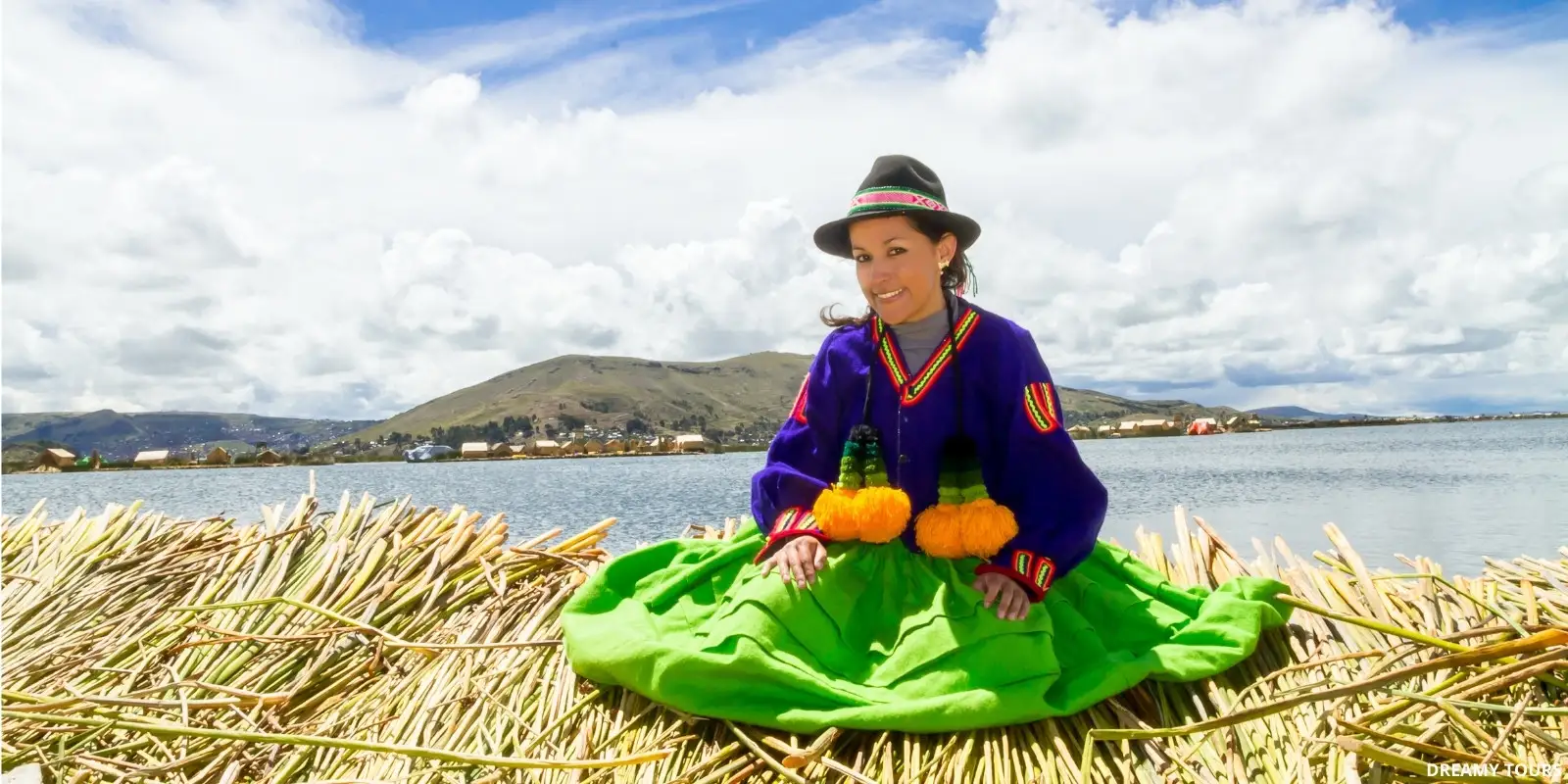 Aerial view of the floating Uros Islands on Lake Titicaca, Peru.