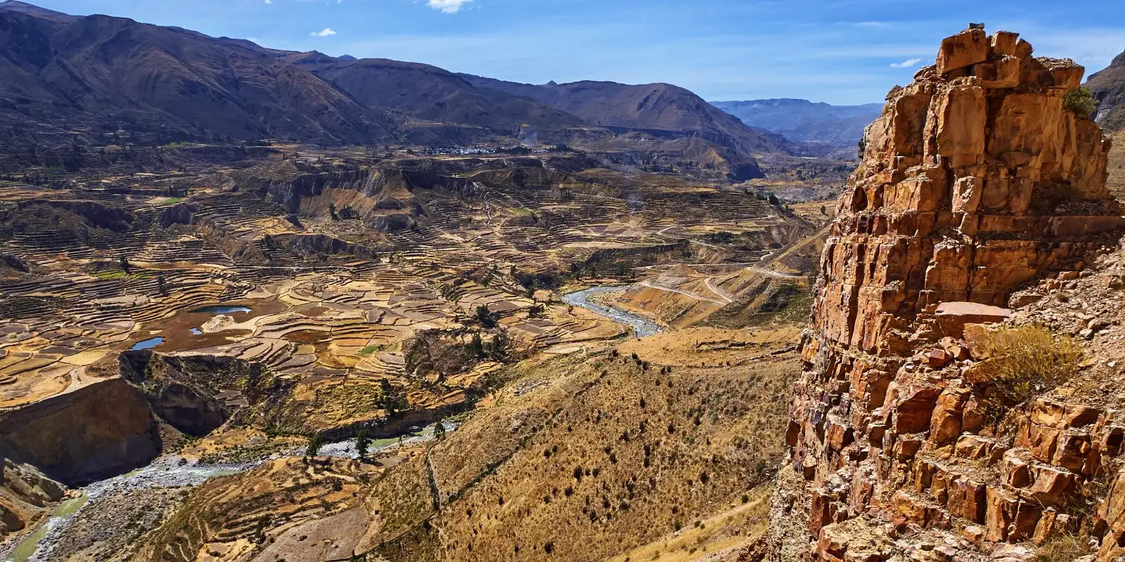 Vista panorâmica do Colca Canyon com terraços e formações rochosas.